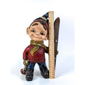 Vintage 1973 Lake Tahoe Skier Boy Figurine Retro Winter Decor Souvenir 11.5"